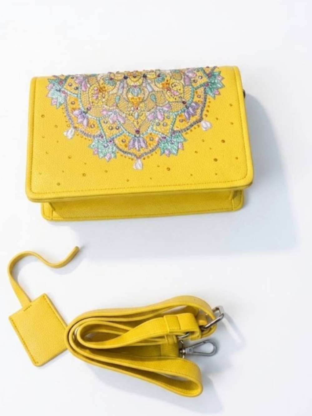Yellow Embellished Crossbody Bag with Detachable Strap